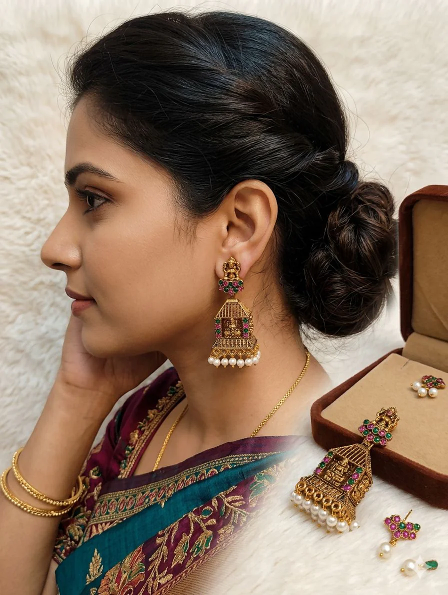 Temple-style jhumka earrings,